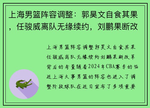 上海男篮阵容调整：郭昊文自食其果，任骏威离队无缘续约，刘鹏果断改革背后的考量