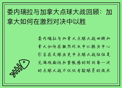 委内瑞拉与加拿大点球大战回顾：加拿大如何在激烈对决中以胜