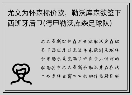 尤文为怀森标价欧，勒沃库森欲签下西班牙后卫(德甲勒沃库森足球队)