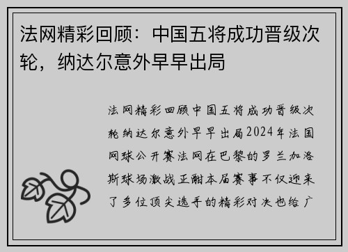 法网精彩回顾：中国五将成功晋级次轮，纳达尔意外早早出局