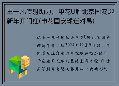 王一凡传射助力，申花U胜北京国安迎新年开门红(申花国安球迷对骂)